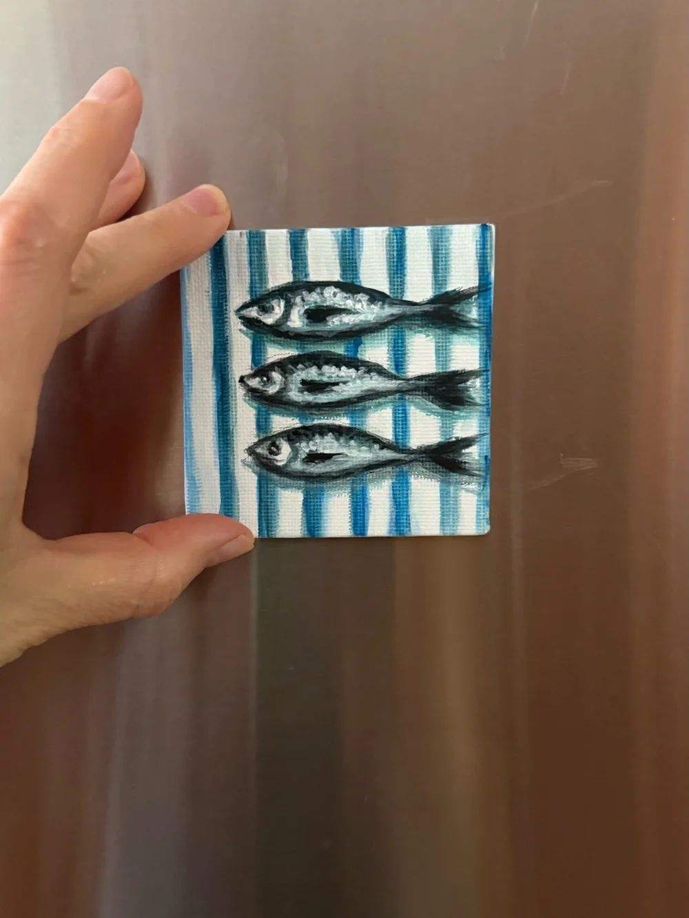 Hand-Painted Blue Striped Fish Mini Canvas Art - fridge magnet